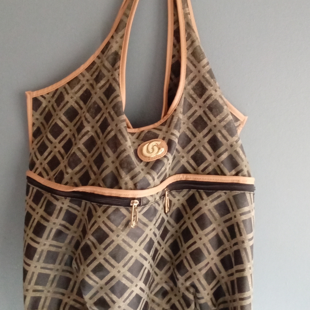 Designer Canvas Tote Bag Geometric Print Tan Beige‎ Zipper Pockets
